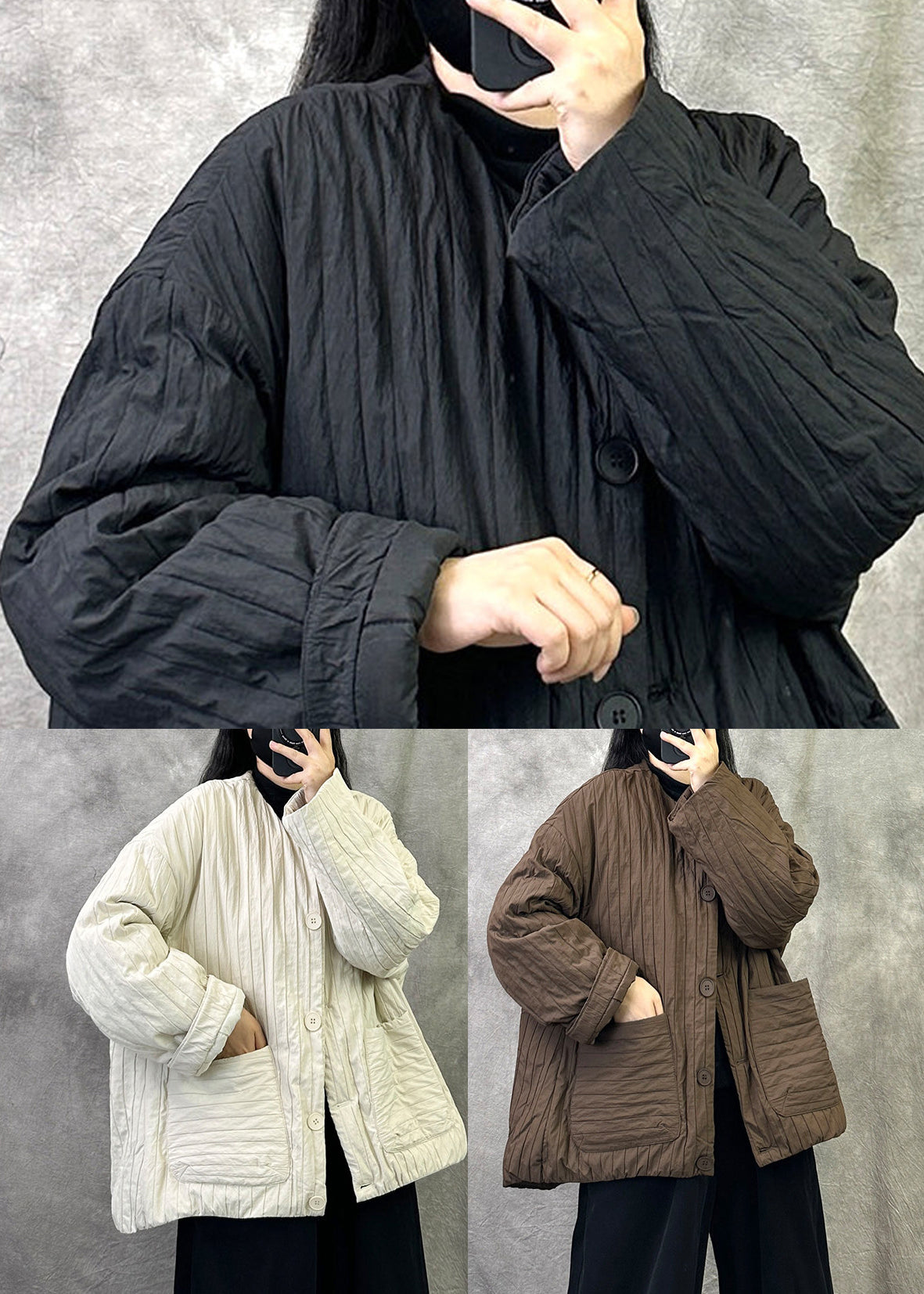 Coffee Pockets Fine Cotton Filled Jacket O Neck Button Winter