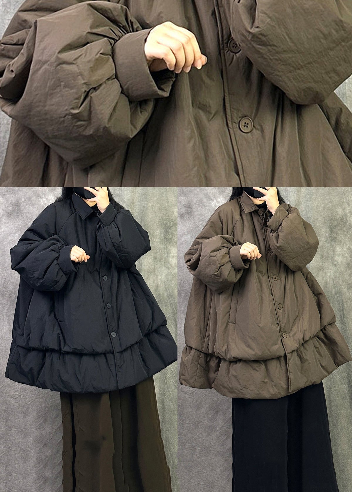 Coffee Pockets Loose Cotton Filled Jacket Peter Pan Collar Button Winter