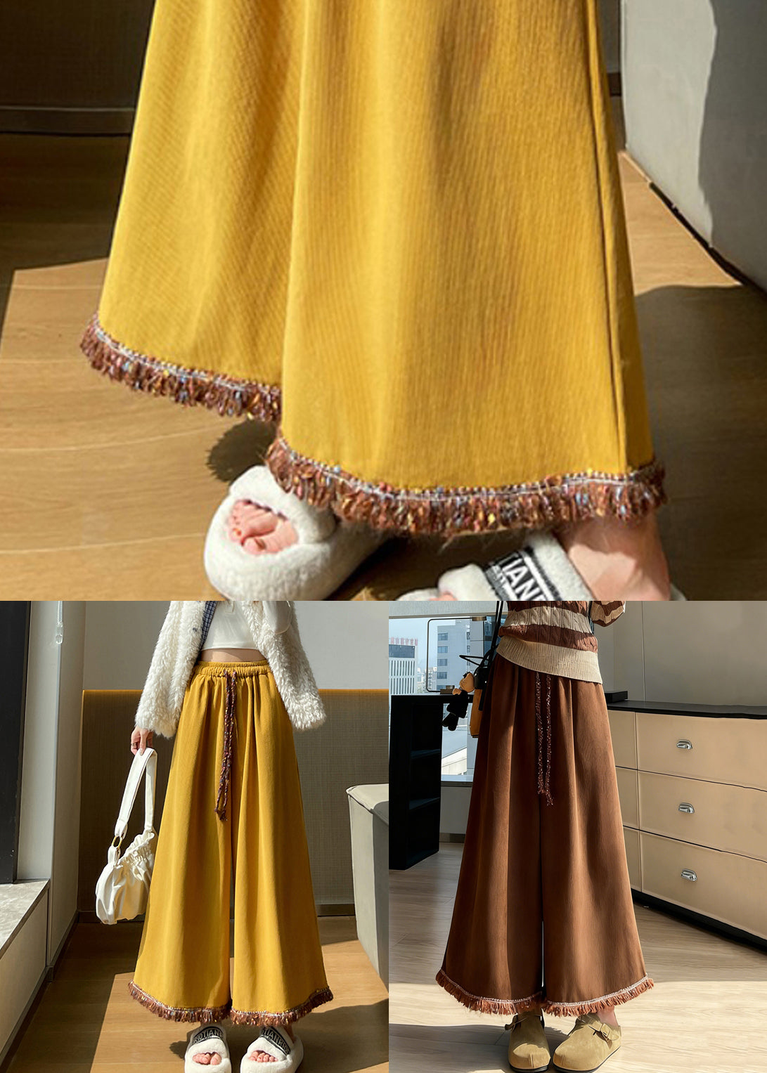 Coffee Pockets Tasseled Corduroy Wide Leg Pants Elastic Waist