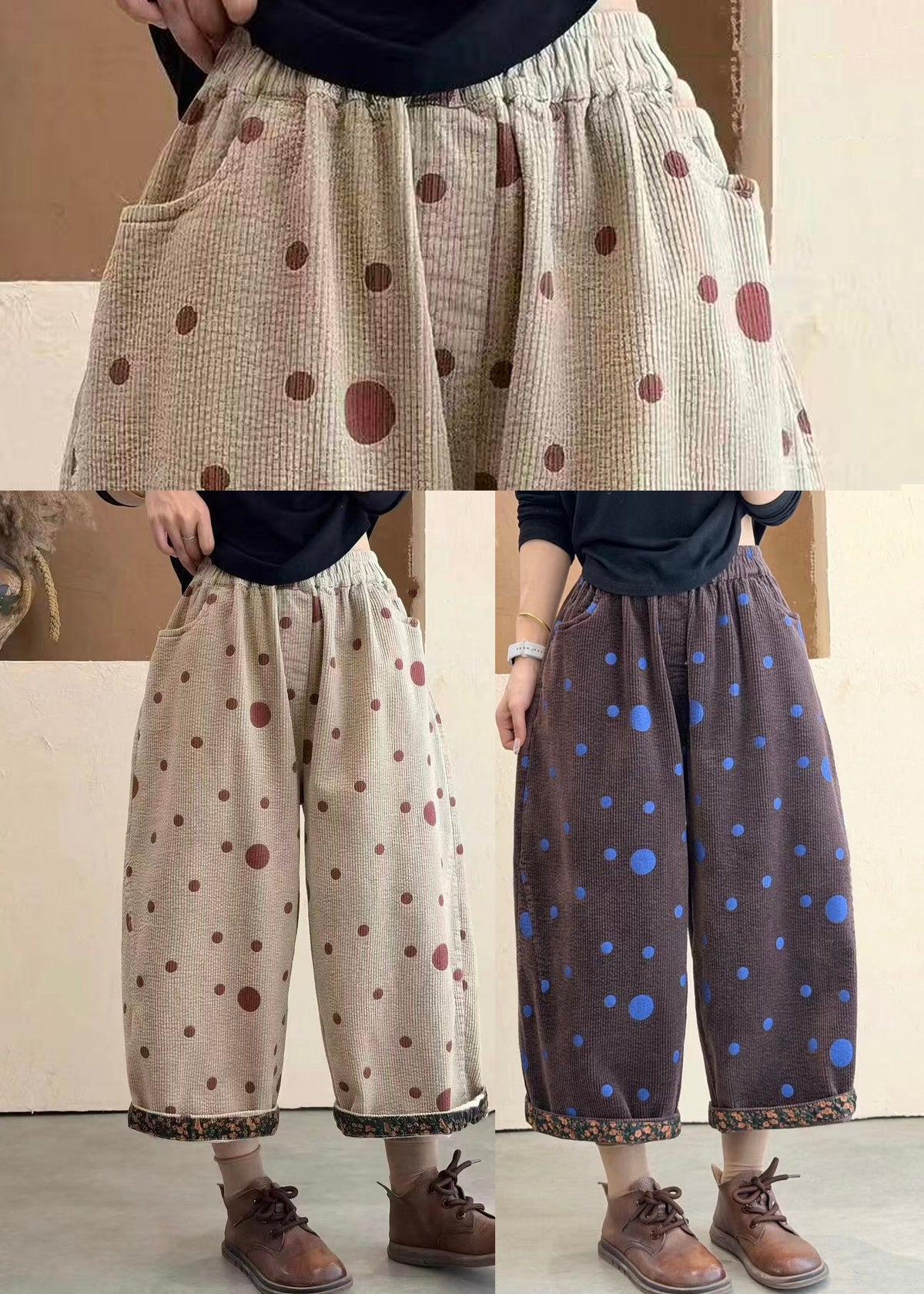 Coffee Polka Dot Print Corduroy Crop Pants Cuffed Fall