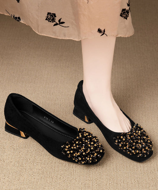 Coffee Splicing Classy Chunky Shoes Zircon Square Toe