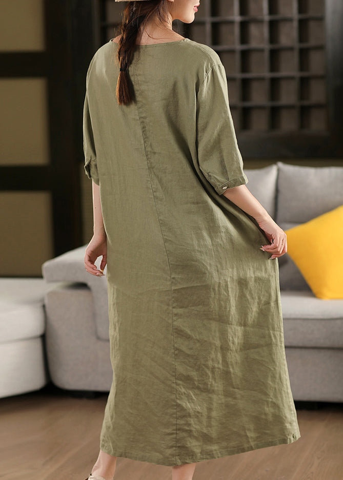 Coffee Wrinkled Button Linen Dress O Neck Summer