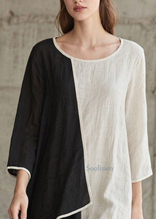 Colorblock Patchwork Cotton Dress Asymmetrical Bracelet Sleeve