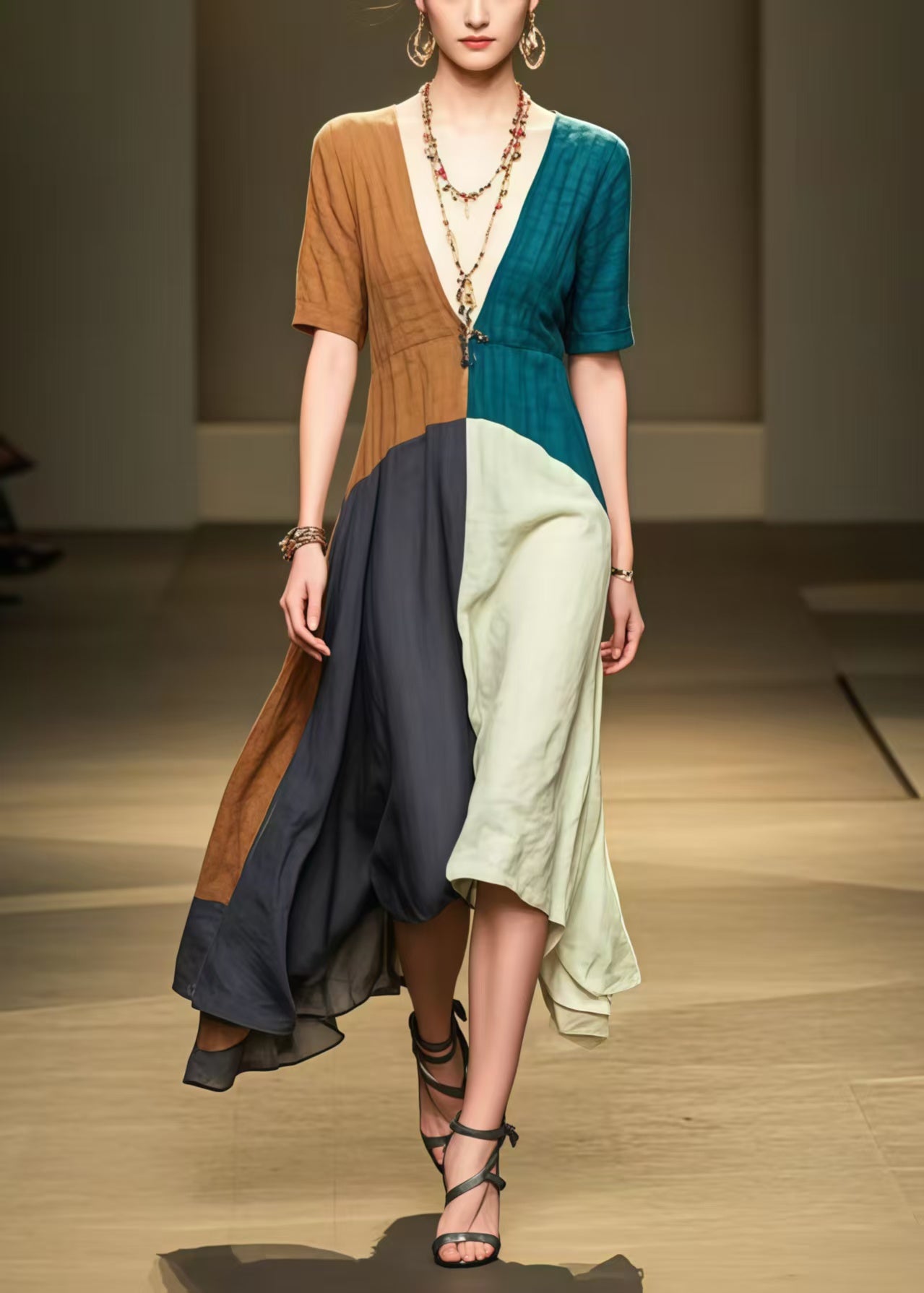 Colorblock Patchwork Cotton Long Dress Deep-V Neck Summer