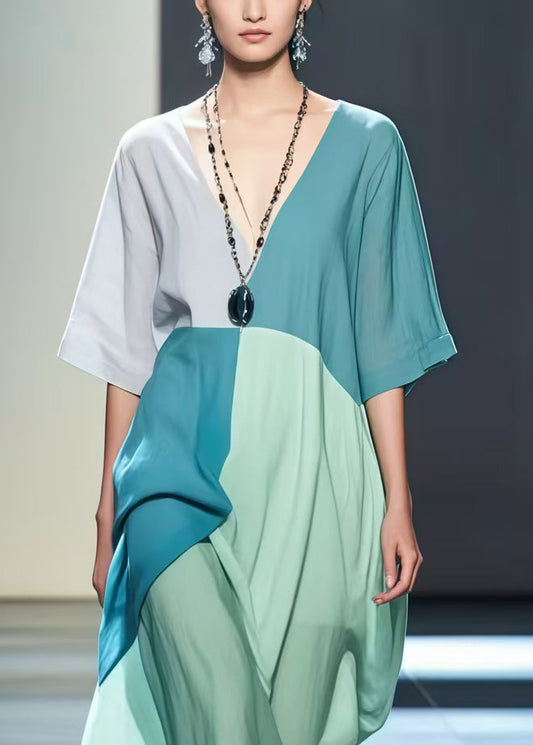 Colorblock Patchwork Cotton Robe Dresses Asymmetrical Design Summer