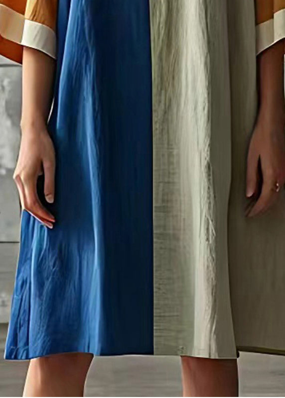 Colorblock Patchwork Cotton Robe Dresses Oversized Flare Sleeve