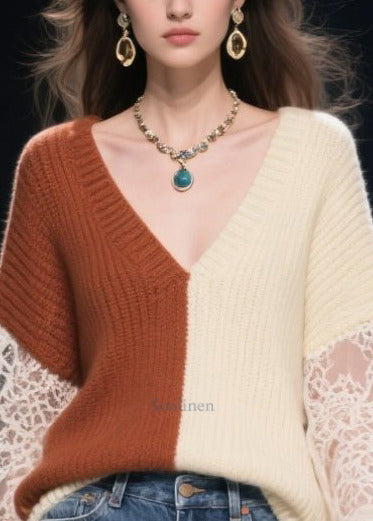 Colorblock Patchwork Lace Knit Pullover Asymmetrical Design Fall
