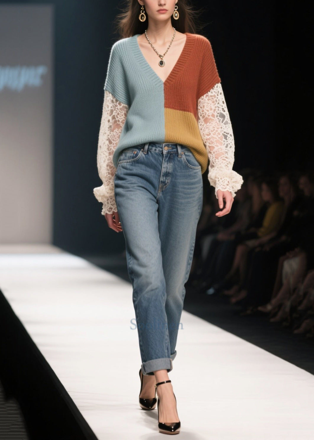 Colorblock Patchwork Lace Knit Tops Hollow Out Fall