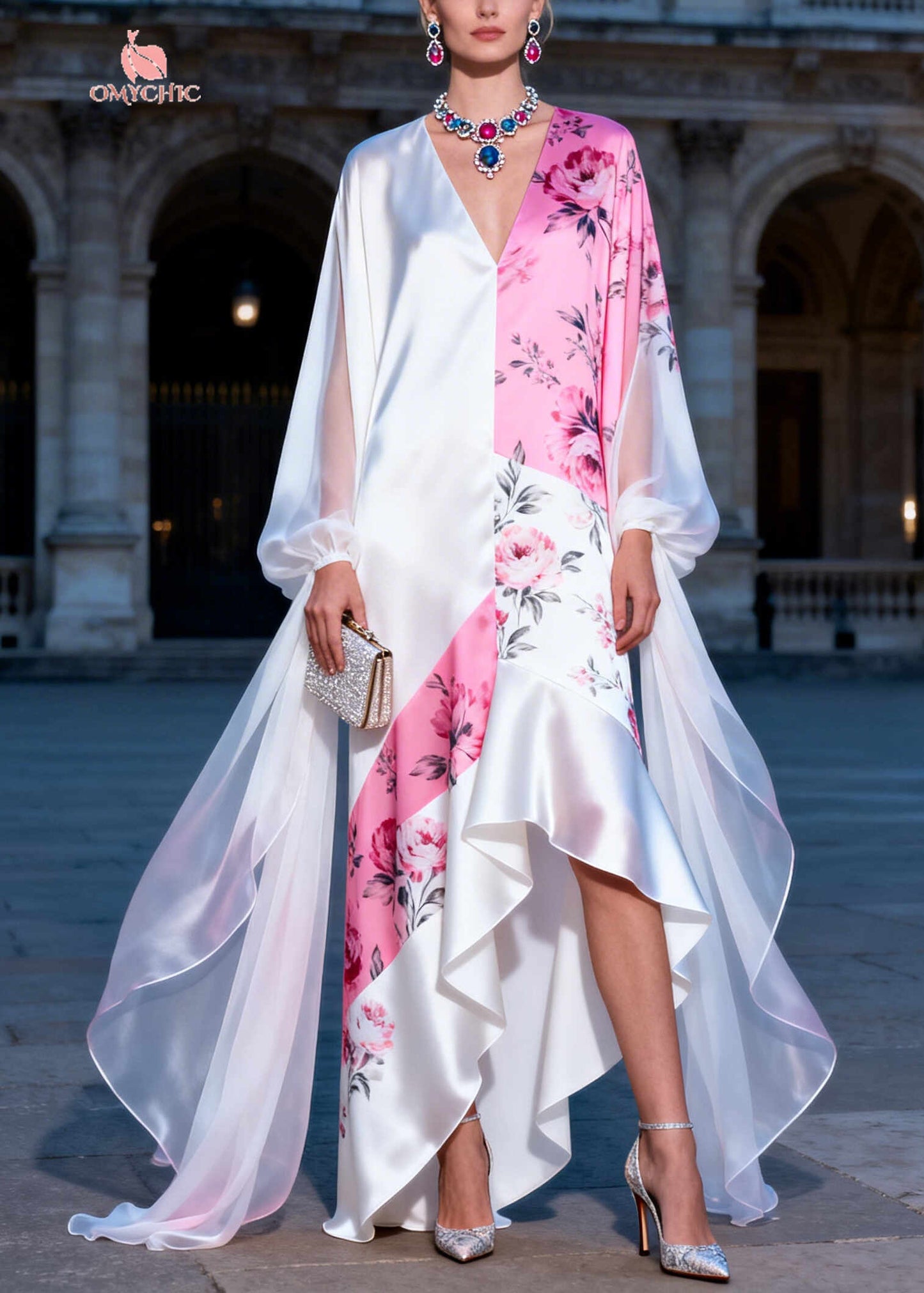 Colorblock Patchwork Silk Dinner Dress Asymmetrical Low High Design Summer