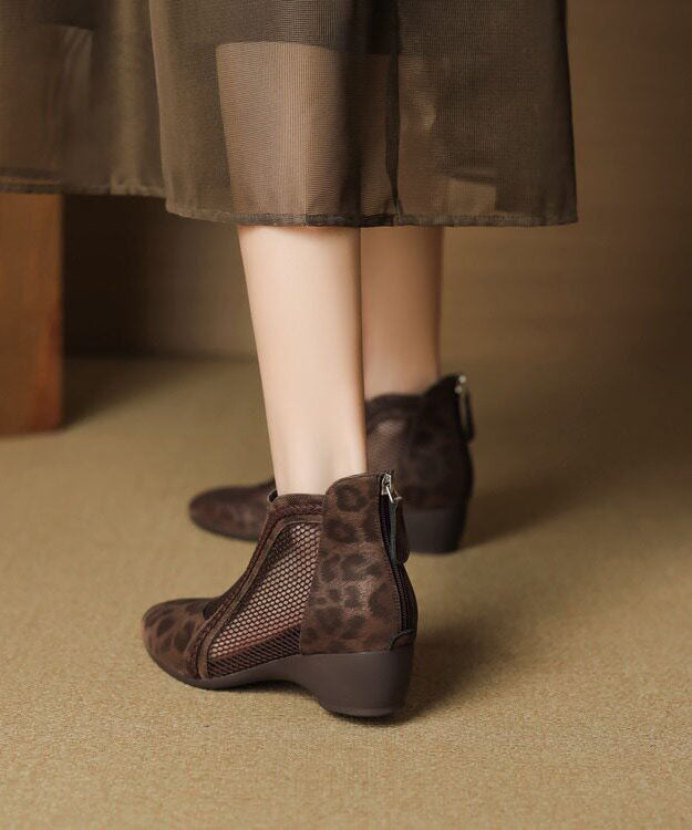 Comfortable Brown Leopard Faux Leather Boots Hollow Out Splicing Boots