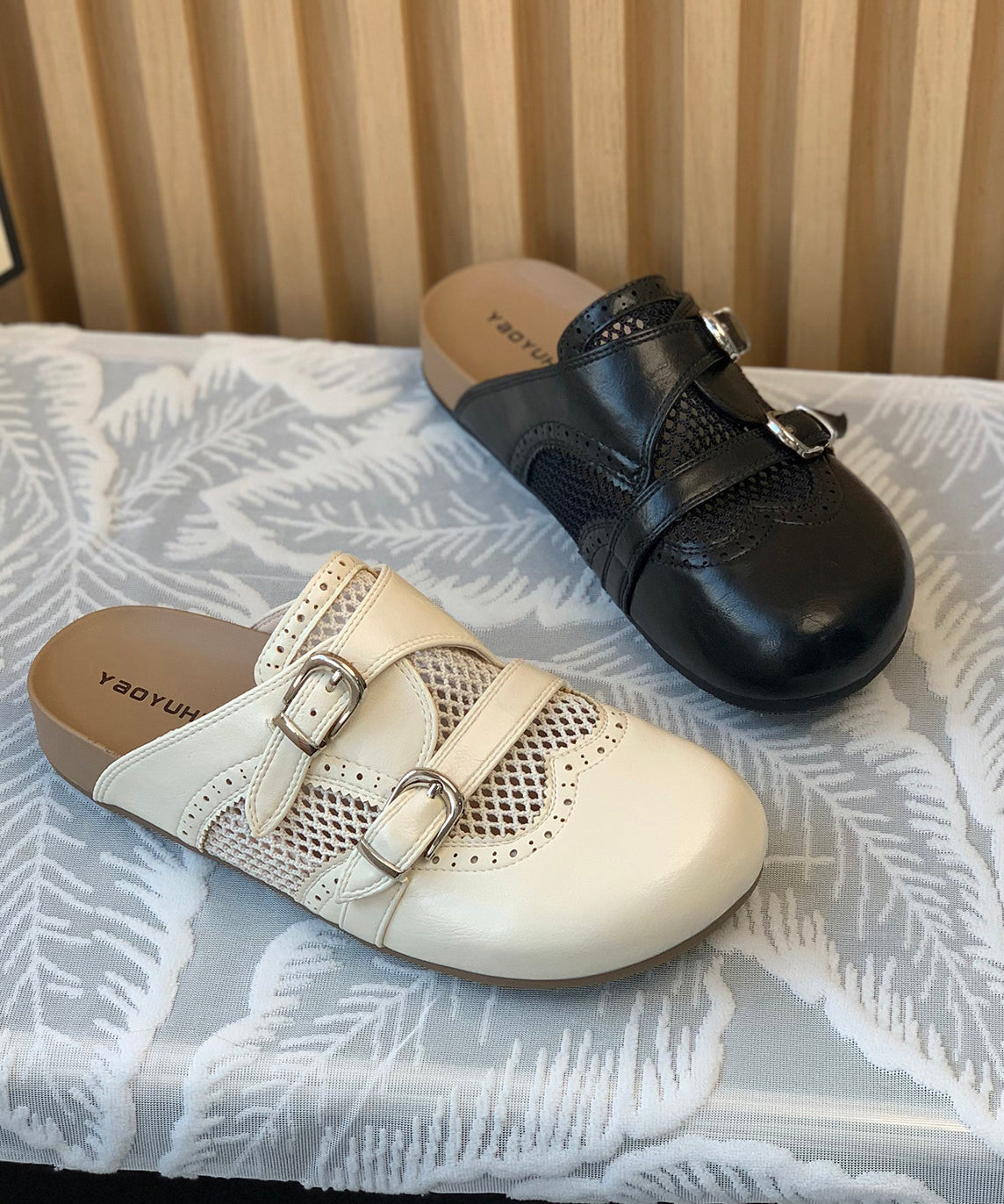 Comfortable Hollow Out Beige Faux Leather Slide Sandals