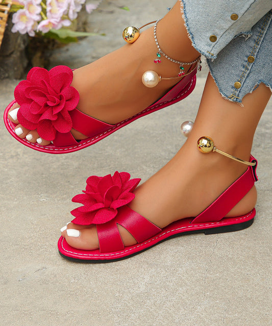 Comfy Black Flat Sandals Splicing Floral Peep Toe