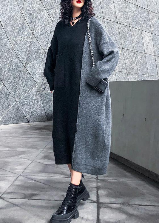 Comfy hooded patchwork Sweater outfits Largo black sweater dresses - SooLinen