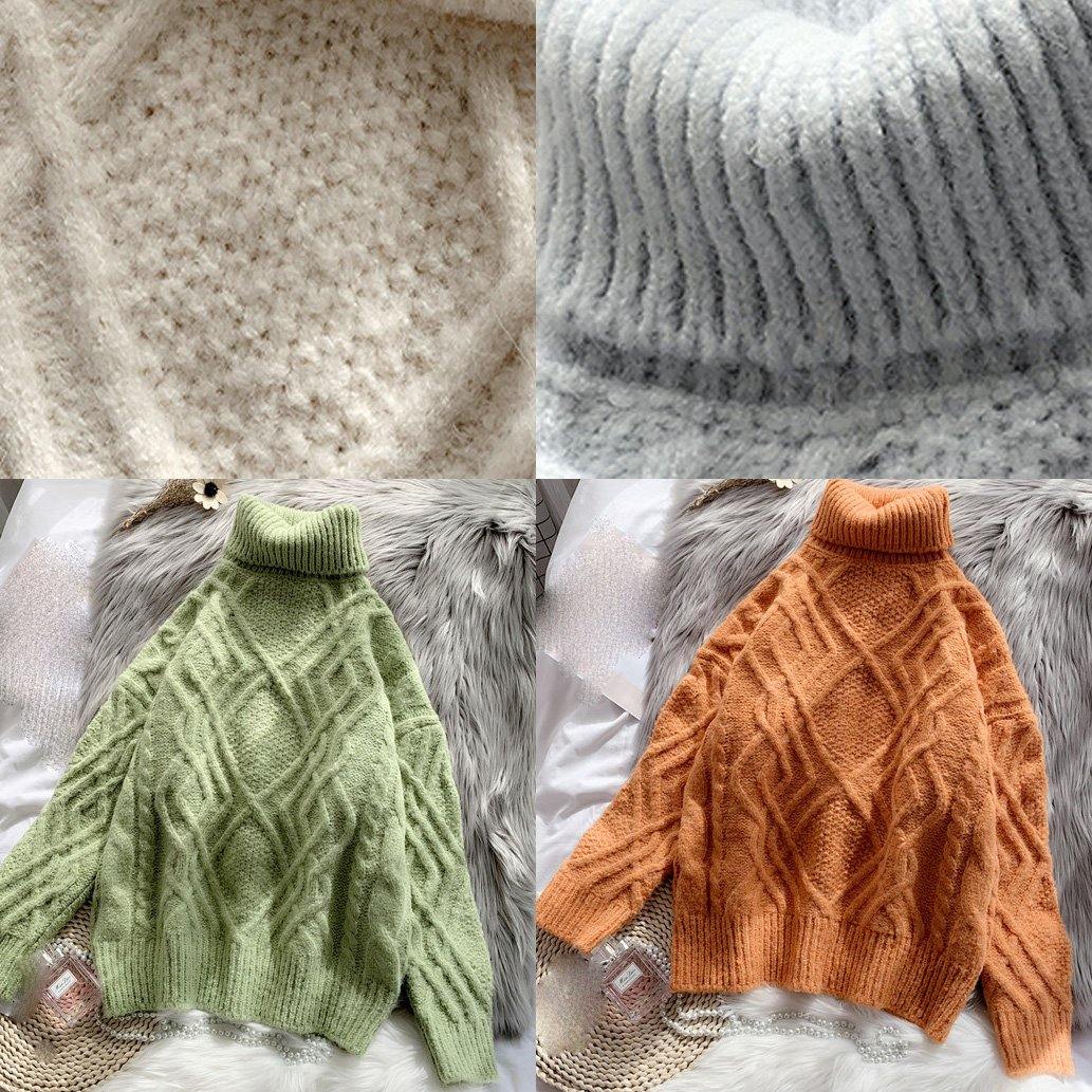 Comfy light green sweater tops chunky plus size clothing high neck sweaters - SooLinen