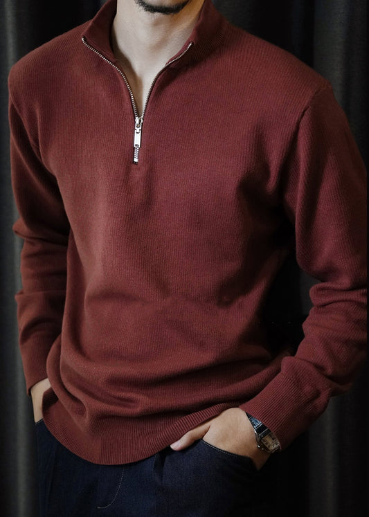 Cool Red Stand Collar Zip Up Knit Men Sweater Tops Winter