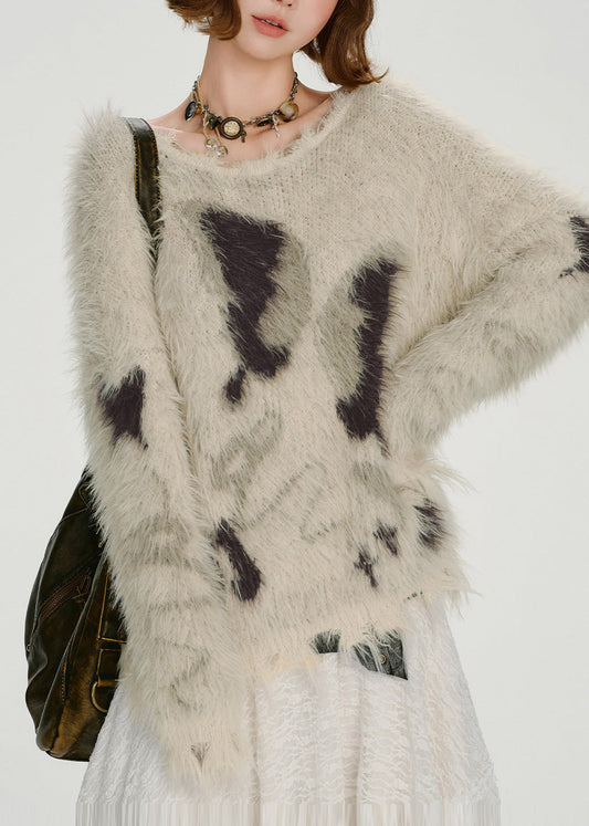 Cozy Beige Oversized Warm Fuzzy Fur Fluffy Knit Tops Winter