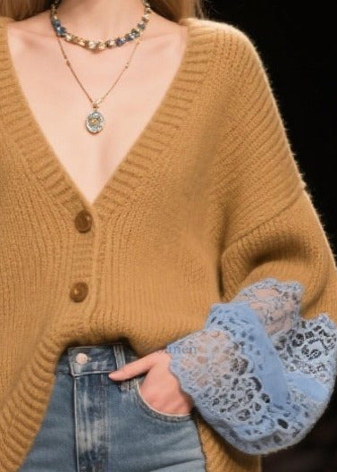 Cozy Coffee Oversized Patchwork Lace Cardigan Fall
