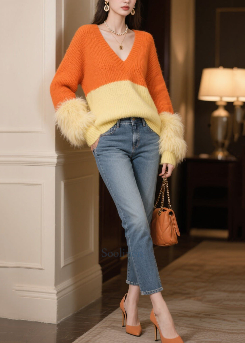 Cozy Colorblock Patchwork Faux Fur Short Sweater V Neck Winter