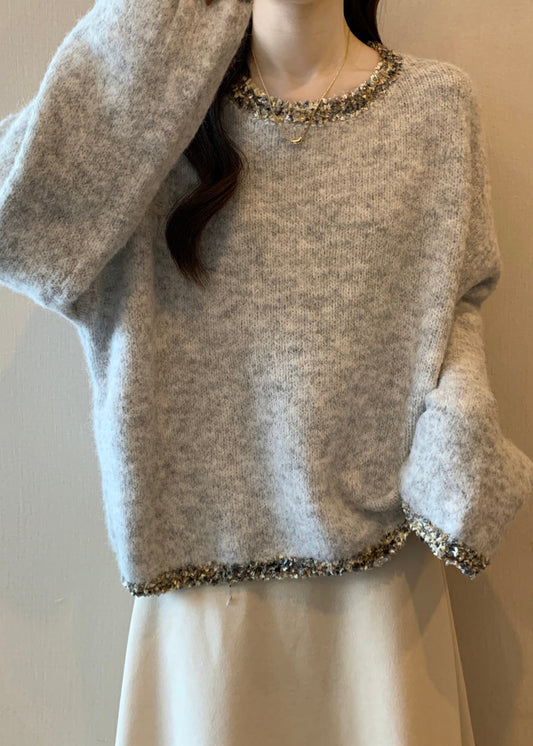 Cozy Grey Sequins Chunky Oversized Knit Sweater Tops Winter
