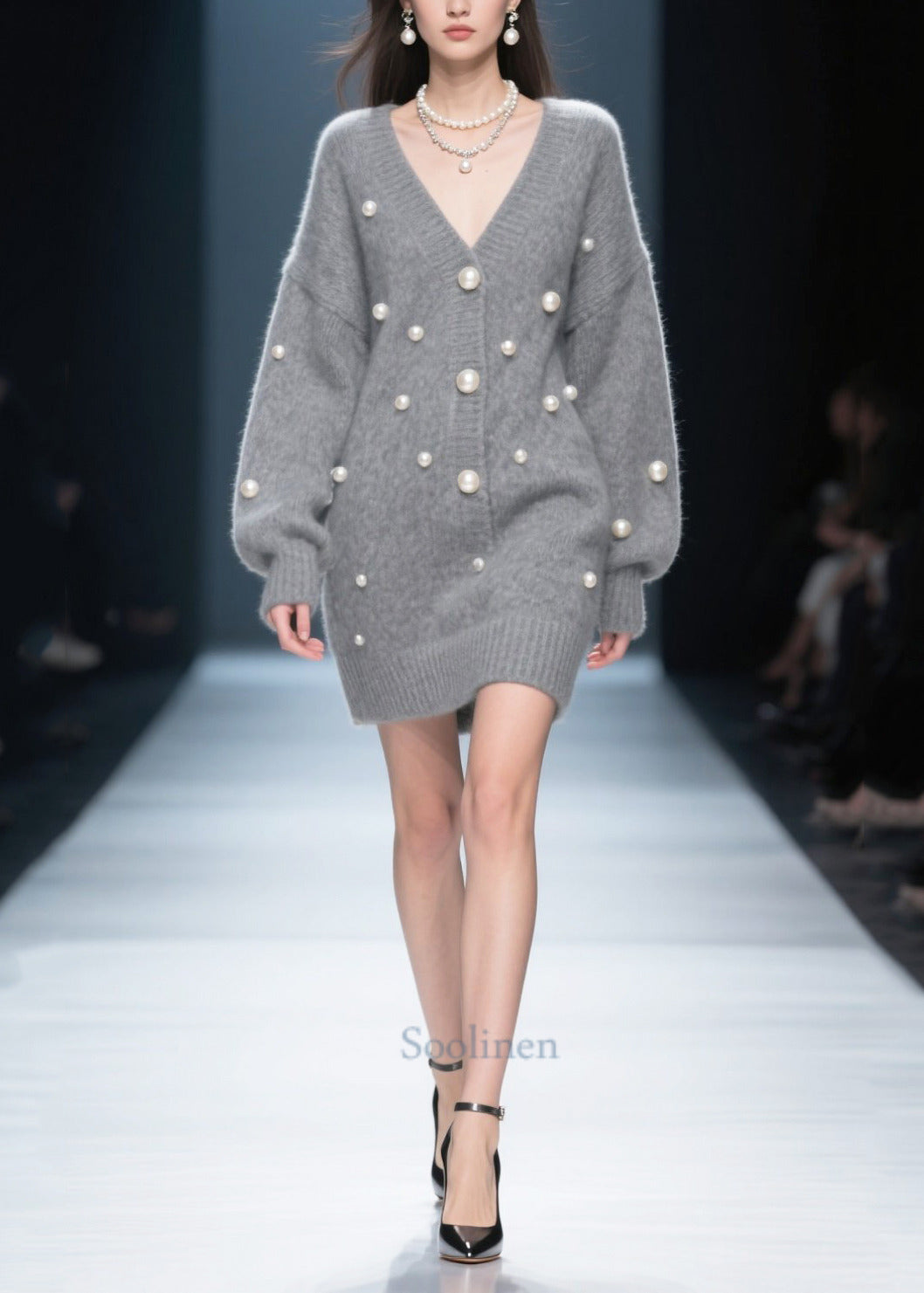 Cozy Grey V Neck Fine Pearls Thick Knit Dress Winter