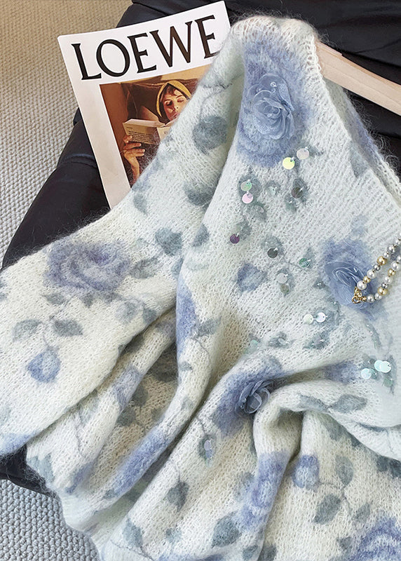 Cozy White Oversized Print Knit Sweaters Fall