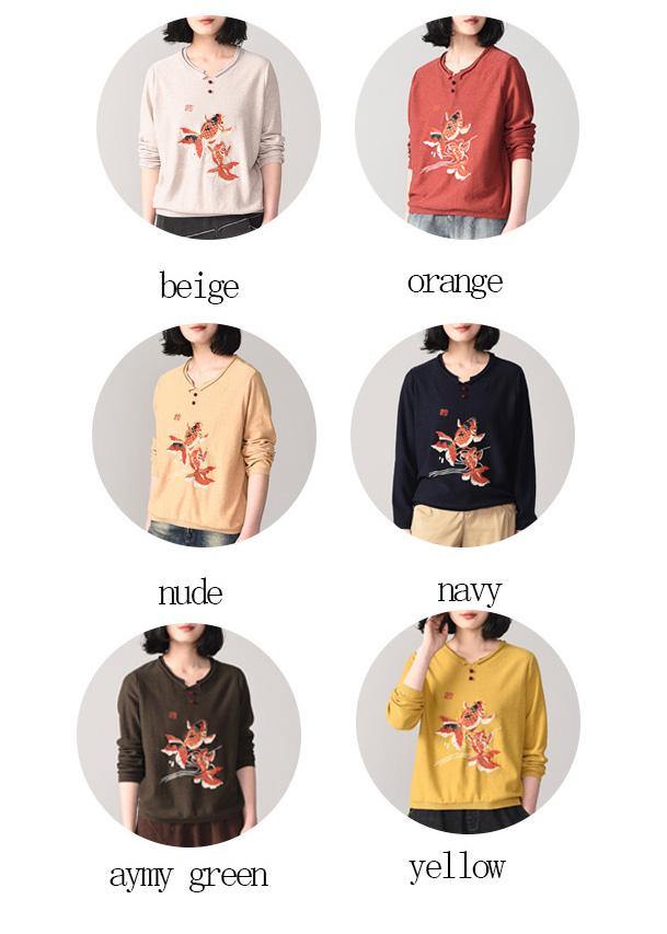 Cozy animal embroidery sweater Loose fitting nude wiled knit sweat tops o neck - SooLinen