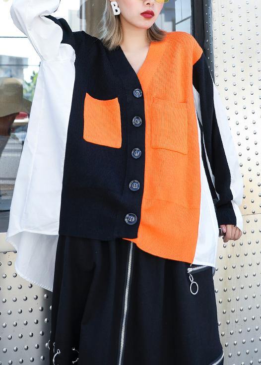 Cozy black patchwork knitted t shirt trendy plus size v neck Button knitwear - SooLinen