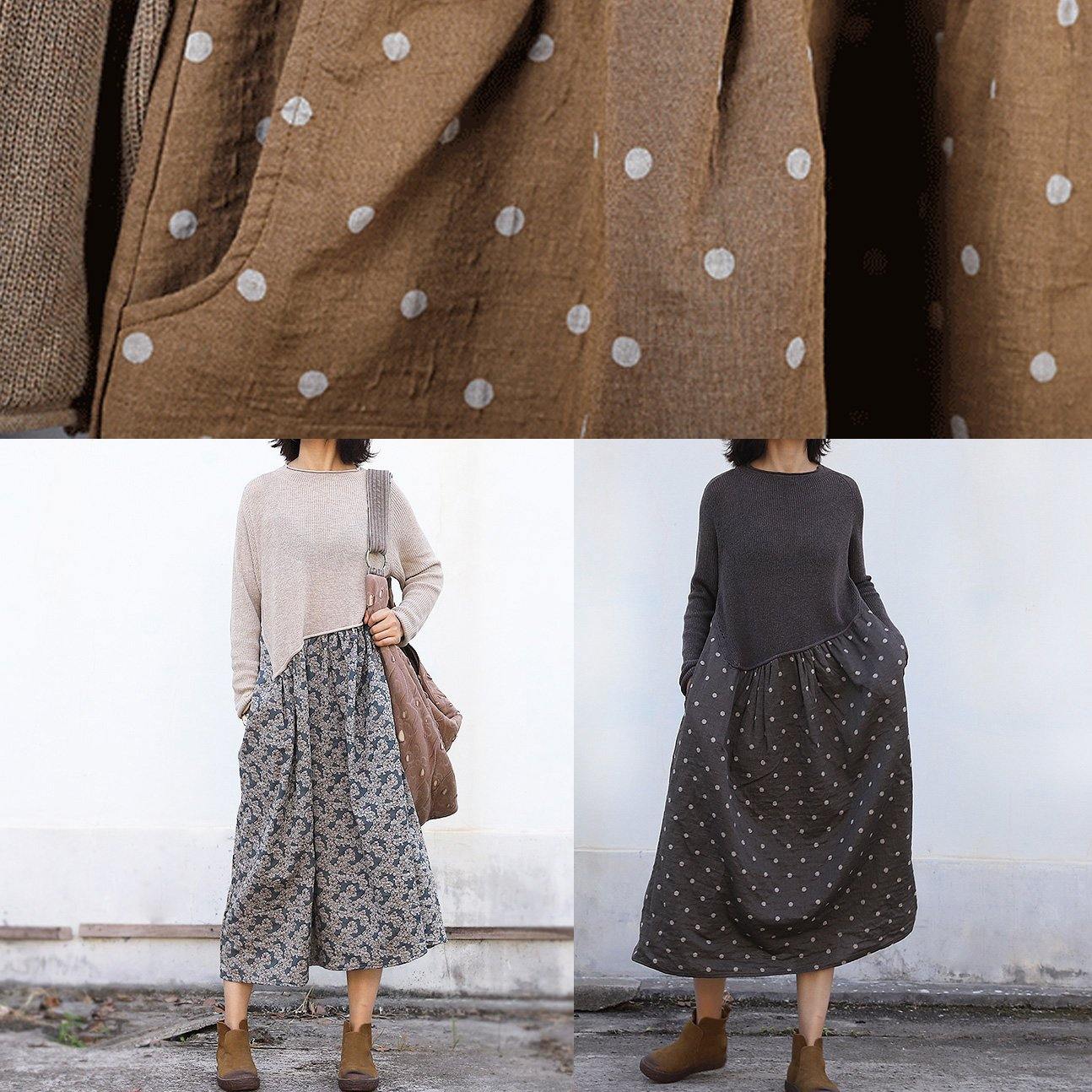 Cozy brown Sweater Wardrobes Quotes o neck tunic patchwork knitwear - SooLinen