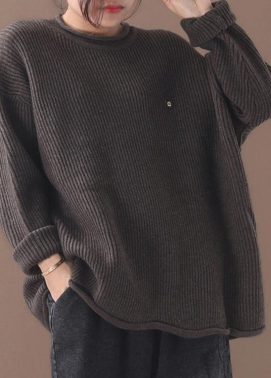 Cozy winter khaki knitted blouse fall fashion o neck sweater tops - SooLinen