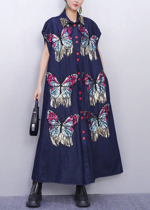 Creative Butterfly Adorned Pockets Denim Maxi Dress