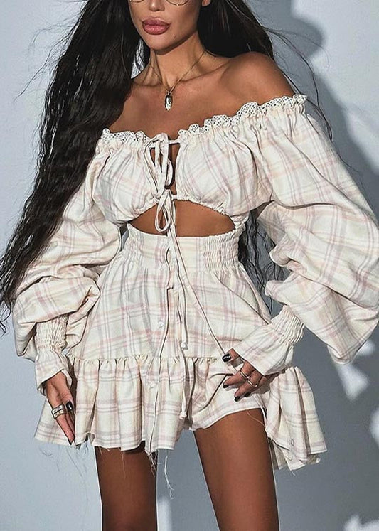 Cute Apricot Plaid Cold Shoulder Cotton Tea Dress Summer