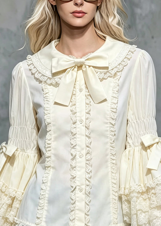 Cute Beige Peter Pan Collar Bow Ruffled Shirts Flare Sleeve
