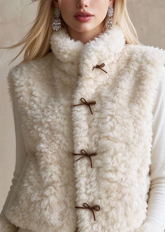 Cute Beige Stand Collar Bow Faux Fur Waistcoat Winter
