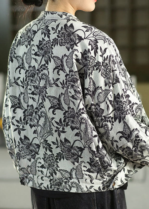 Cute Black Stand Collar Print Button Linen Coat Fall
