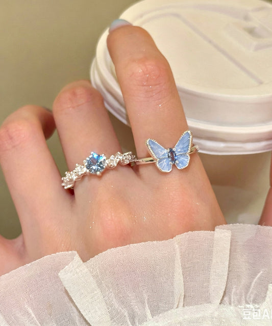 Cute Blue Copper Zircon Butterfly Rings Two-Piece Set