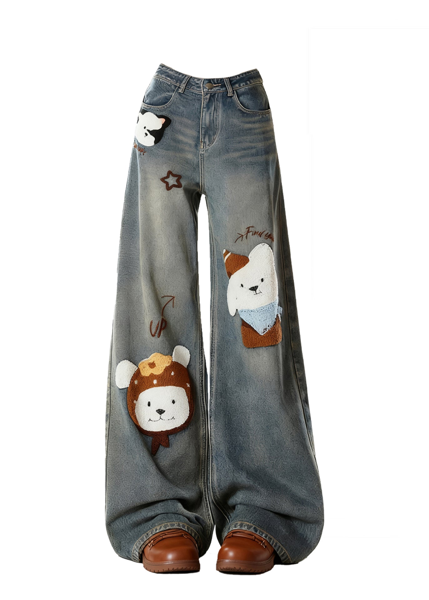 Cute Blue Embroidered Character Denim Pants Spring