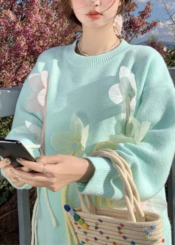 Cute Blue O-Neck Floral Thick Cotton Knit Sweater Spring