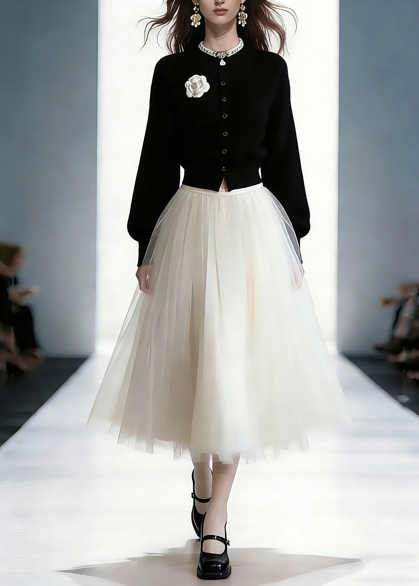 Cute Cotton Knit Cardigans And Tulle Maxi Skirts Two Piece Set Spring