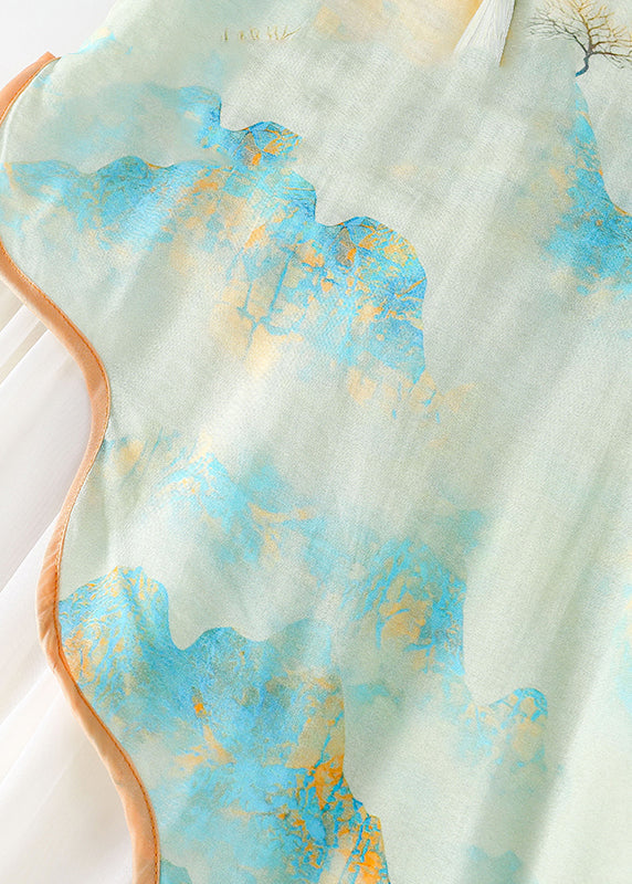 Cute Green Stand Collar Chiffon Patchwork Kids Chiffon Maxi Dress Short Sleeve