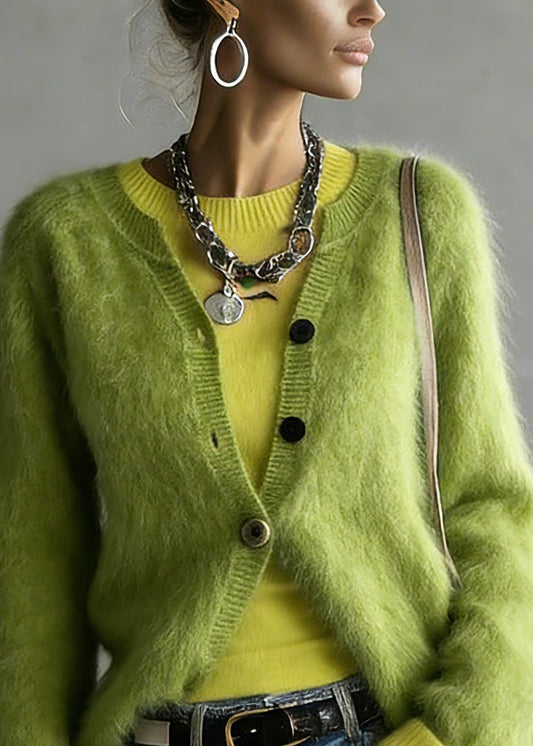 Cute Green V Neck Cotton Knit Cardigan And Top Two Pieces Set Spring