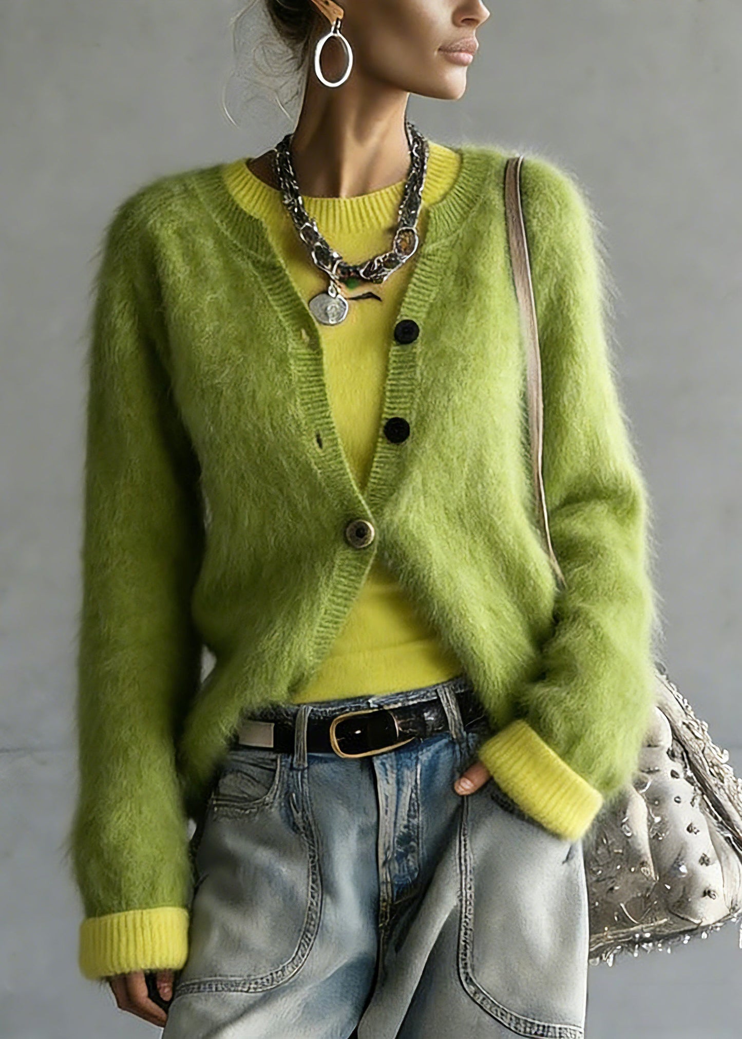 Cute Green V Neck Cotton Knit Cardigan And Top Two Pieces Set Spring