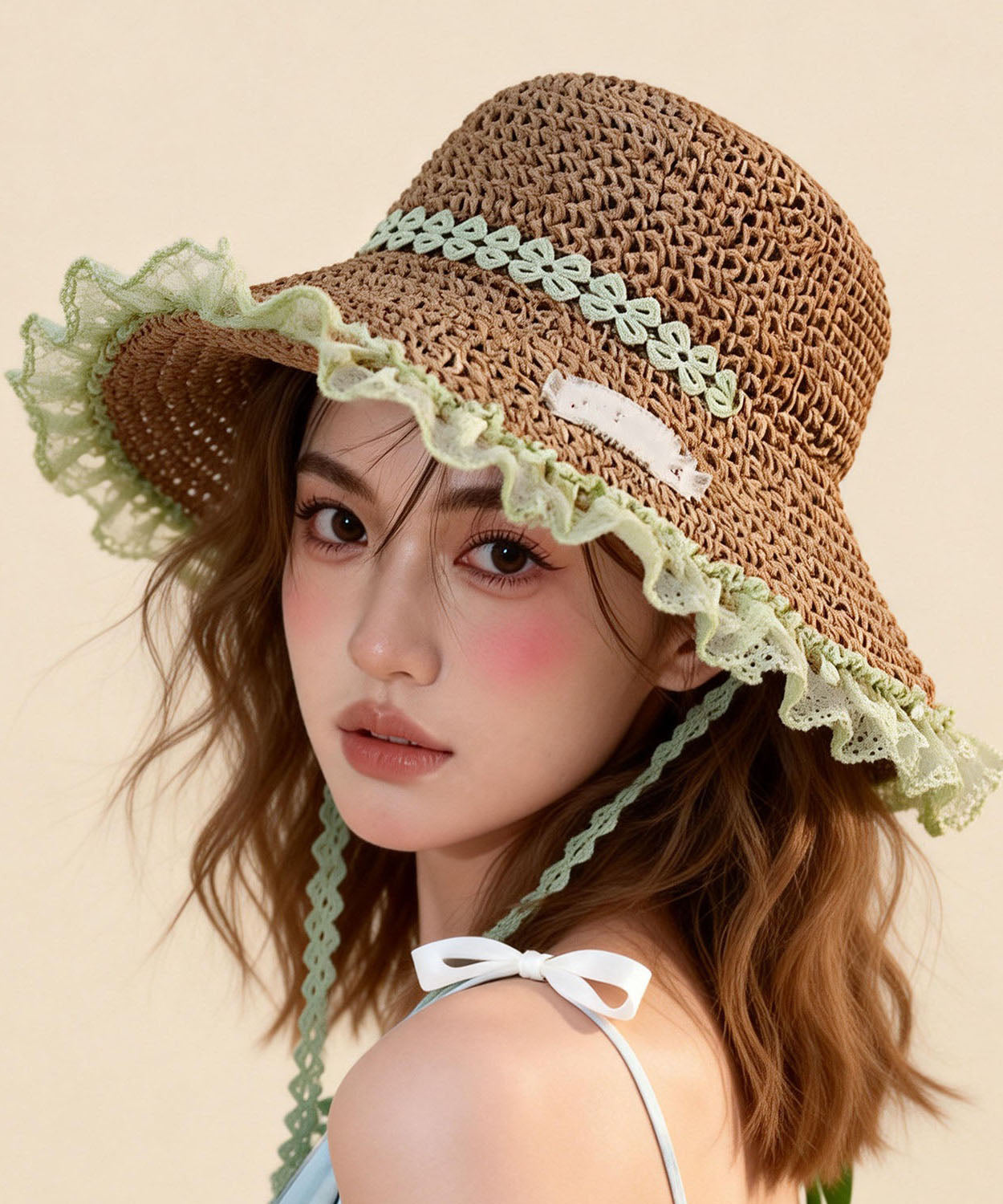 Cute Khaki Lace Strap Hollow Out Straw Woven Vacation Sun Hat