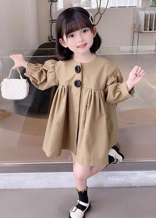 Cute Khaki O-Neck Patchwork Kids Mid Dresses Fall
