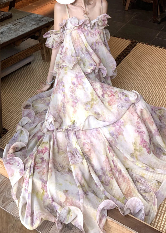 Cute Light Purple Ruffled Print Chiffon Maxi Cake Dress Summer