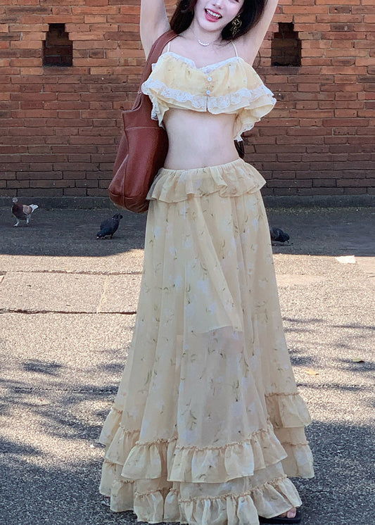 Cute Light Yellow Ruffled Lace Patchwork Vest And Maxi Skirts Two Piece Set Sleeveless