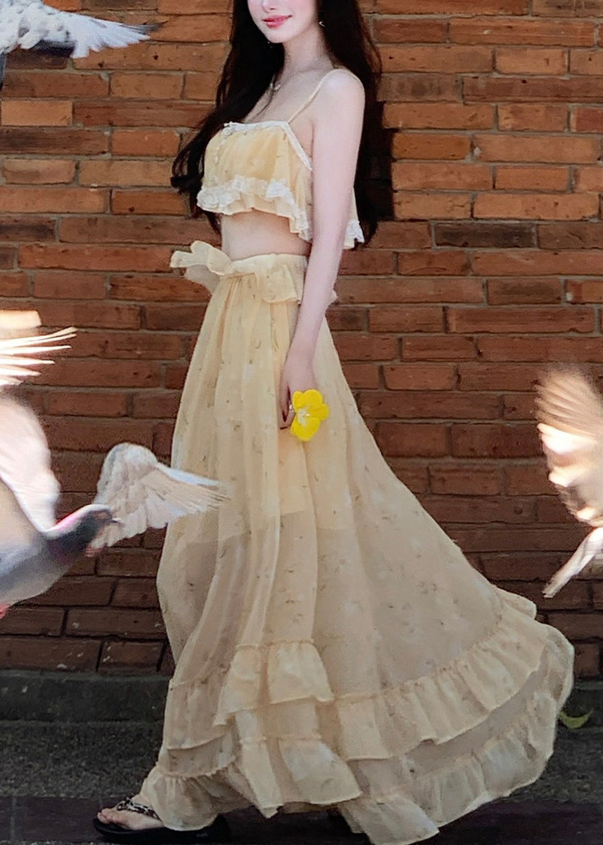 Cute Light Yellow Ruffled Lace Patchwork Vest And Maxi Skirts Two Piece Set Sleeveless