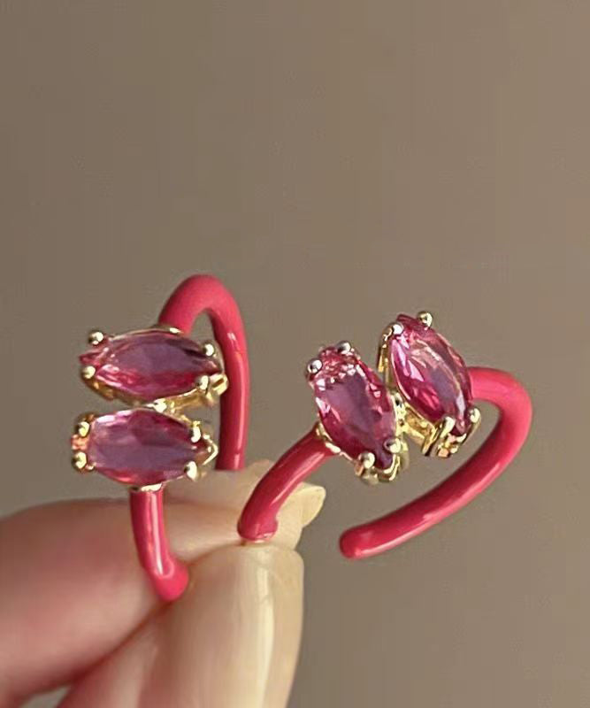 Cute Pink Alloy Crystal Zircon C-Shaped Hoop Earrings