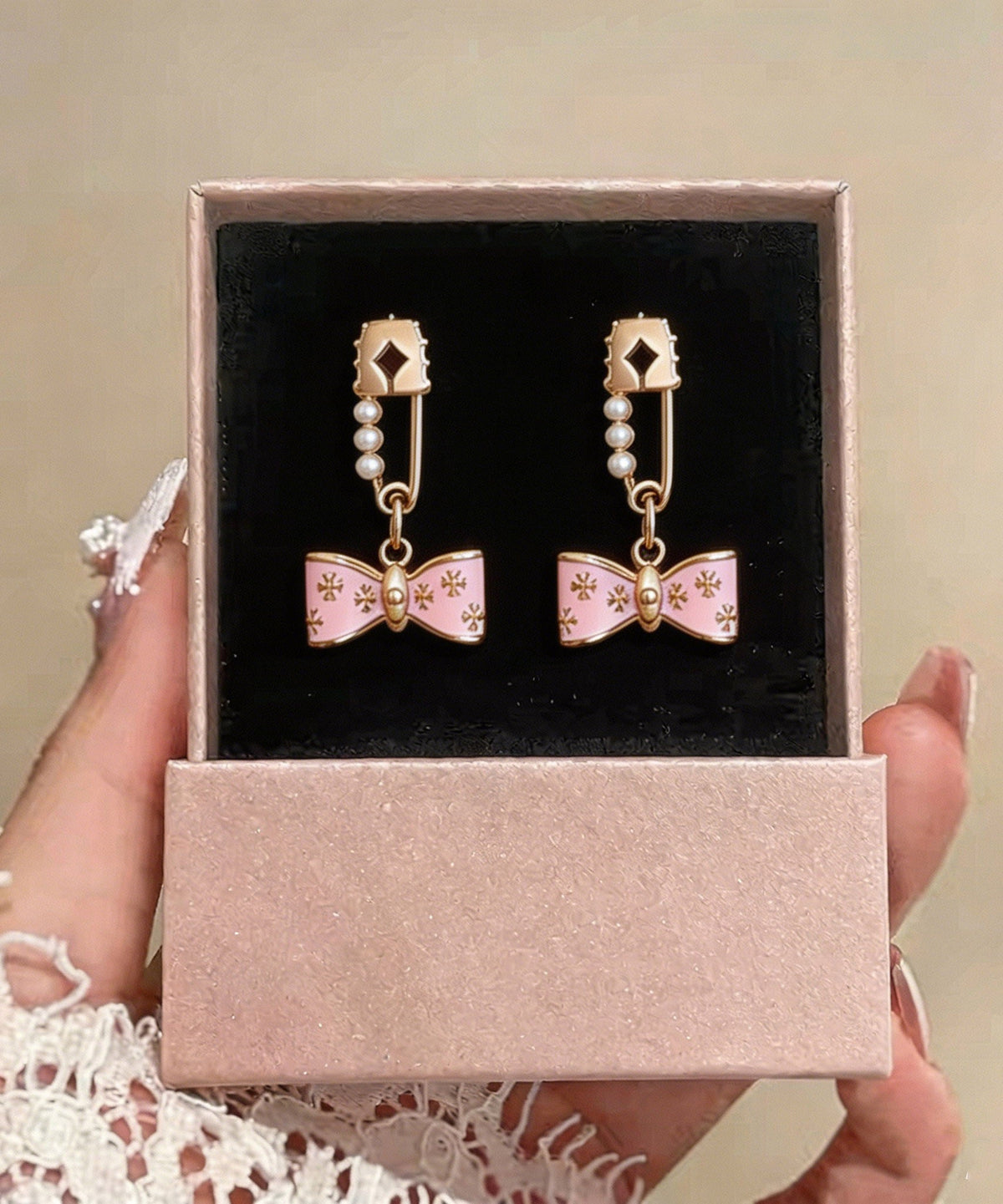Cute Pink Copper Overgild Pearl Bow Drop Earrings