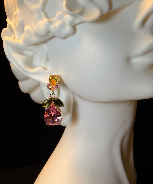 Cute Pink Copper Zircon Floral Water Droplet Drop Earrings