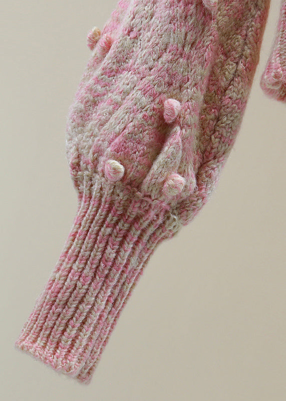 Cute Pink Embroidered Hollow Out Floral Cotton Knit Sweater Winter